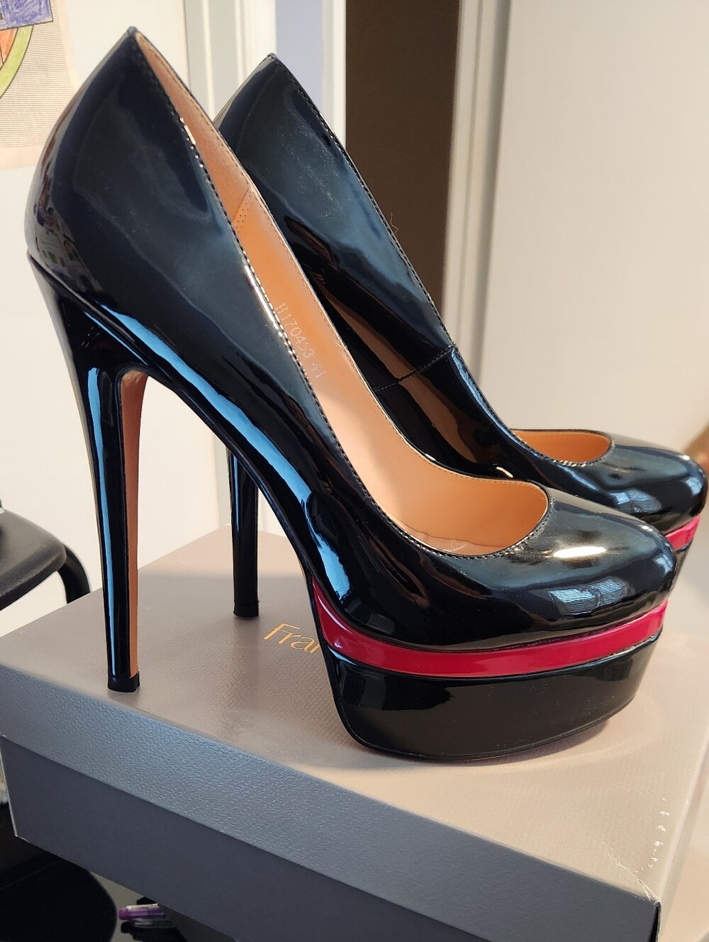 Women's Black Patent High Heel Platform Pumps with Red Accent